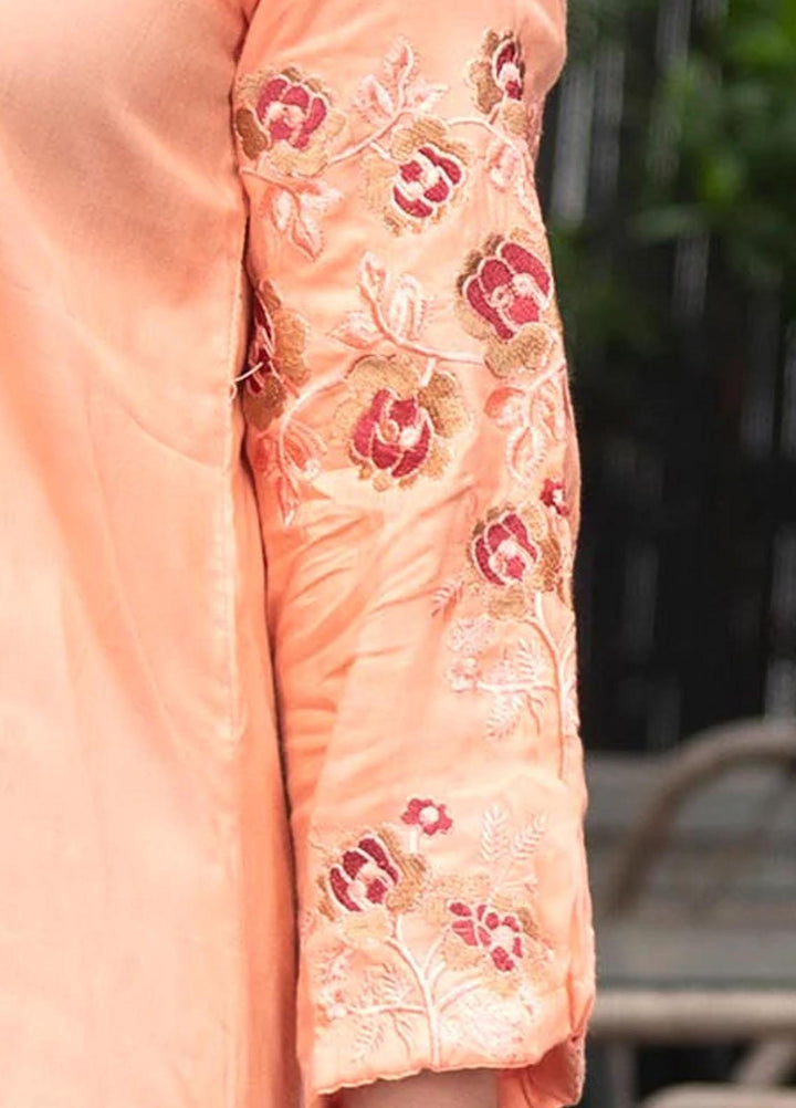 Nazmina Embroidered Casual Boski Shirt AB-511 Peachy With Embroidered Neck & Sleeves