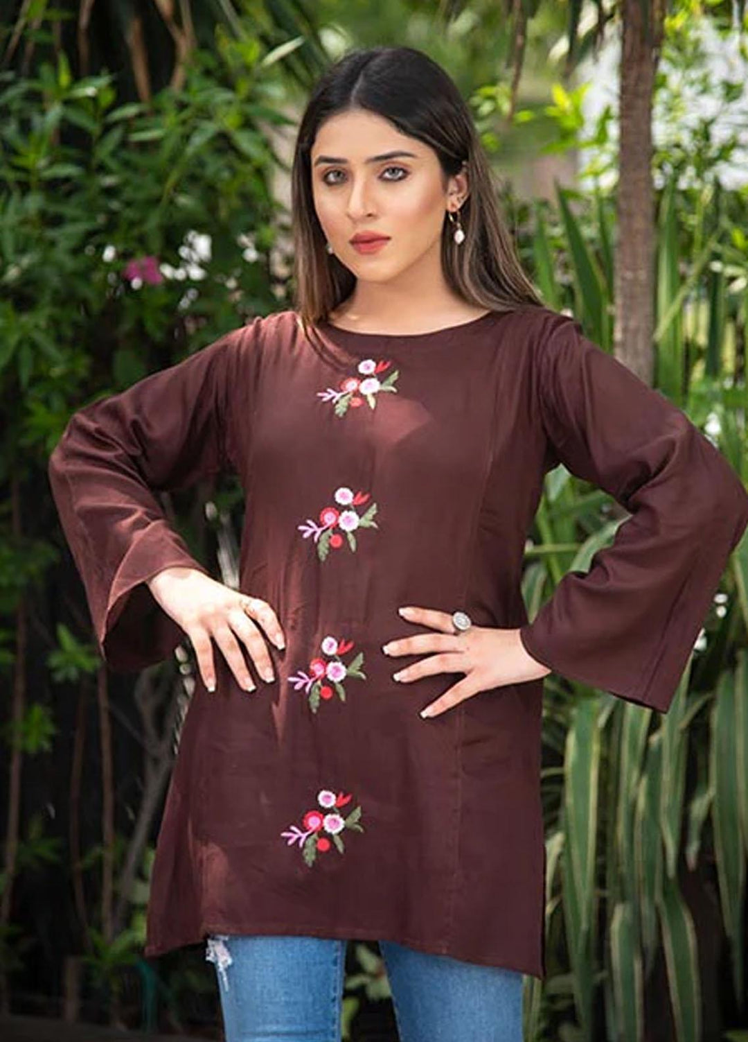 Nazmina Embroidered Casual Boski Shirt AB-512 Brown Peal