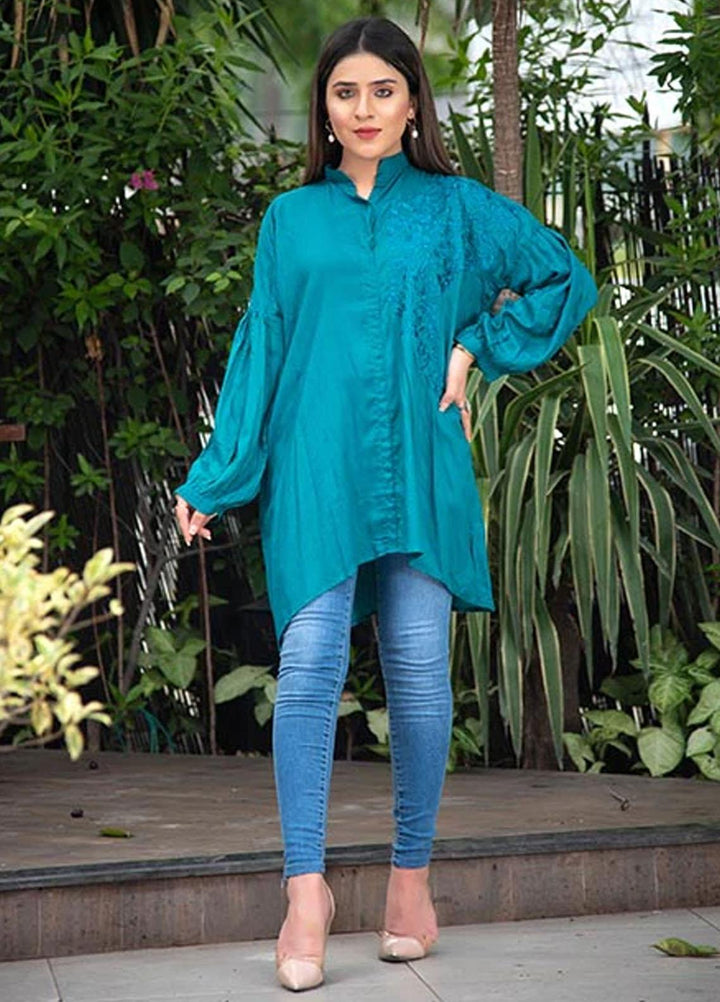 Nazmina Embroidered Casual Boski Shirt AB-513 Baggy Sea Green With Embroidered