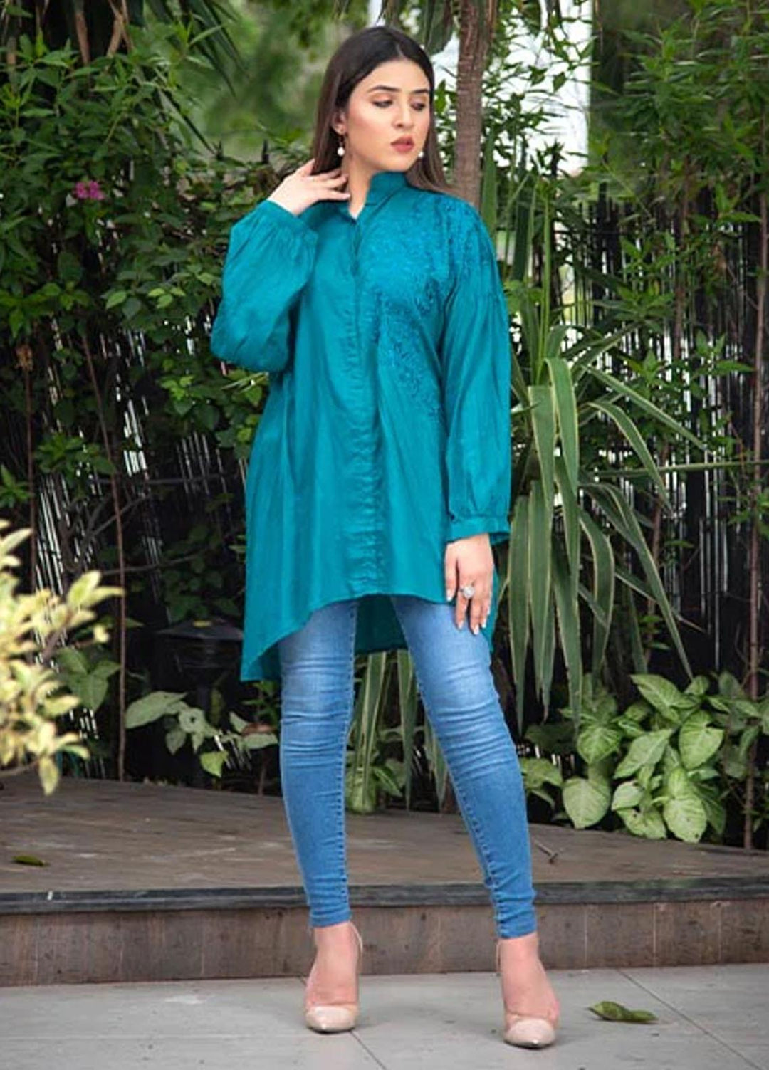 Nazmina Embroidered Casual Boski Shirt AB-513 Baggy Sea Green With Embroidered
