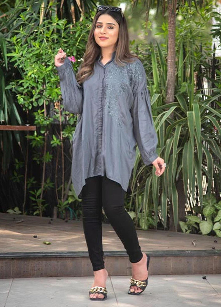 Nazmina Embroidered Casual Boski Shirt AB-514 Baggy grey With Embroidered Sleeves