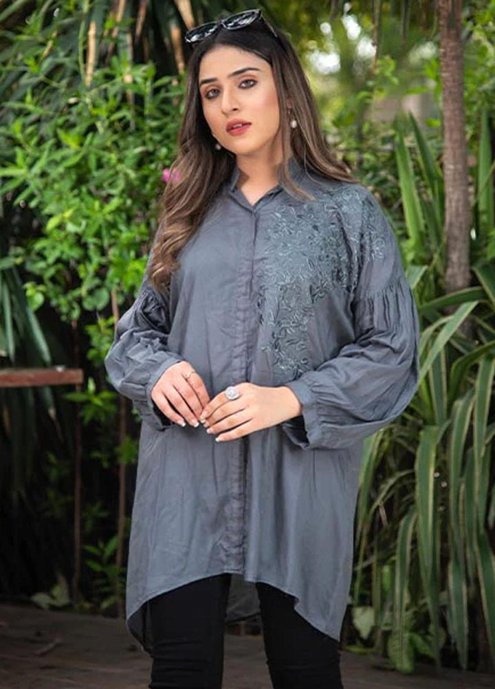 Nazmina Embroidered Casual Boski Shirt AB-514 Baggy grey With Embroidered Sleeves