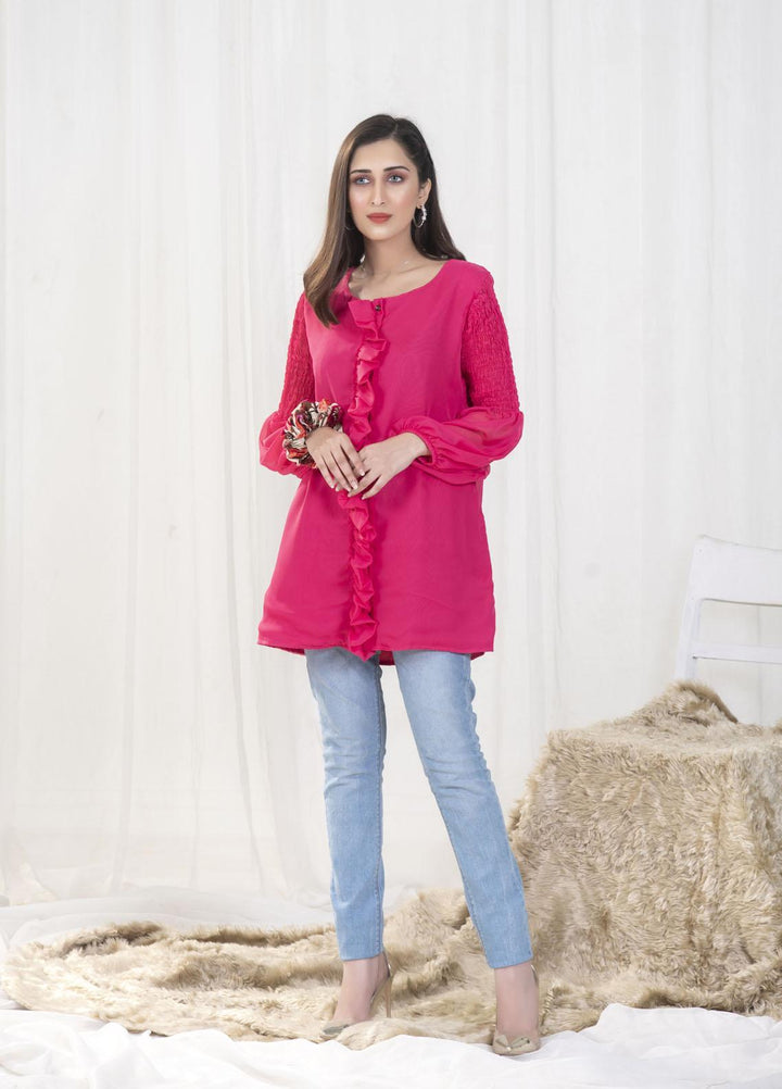 Nazmina Pret Casual Chiffon Top NZ23SSP AB-58 Top With Neck Tie