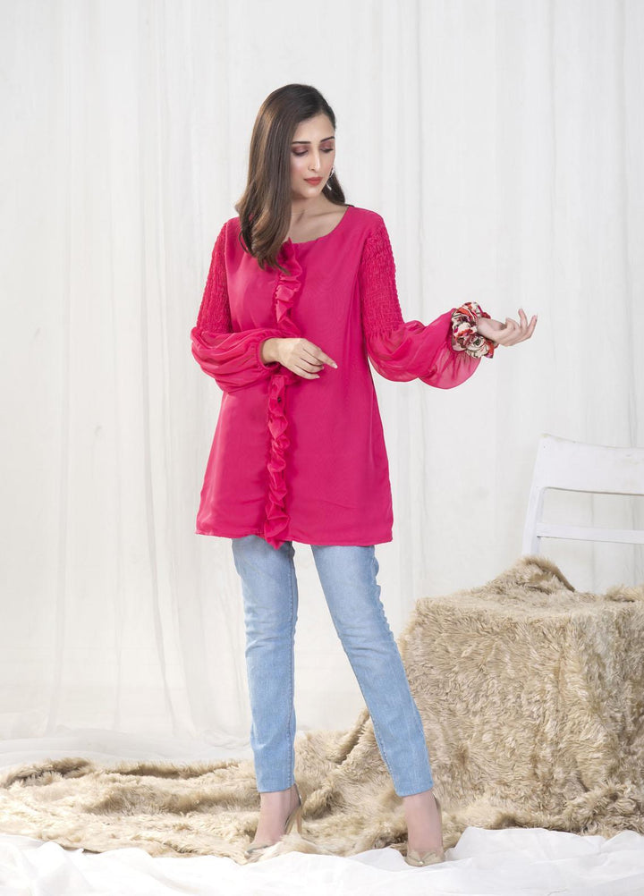 Nazmina Pret Casual Chiffon Top NZ23SSP AB-58 Top With Neck Tie