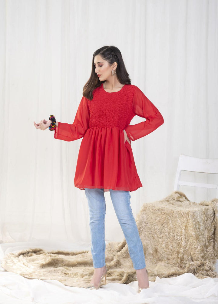 Nazmina Pret Casual Chiffon Top NZ23SSP AB-60 Red Smock Top