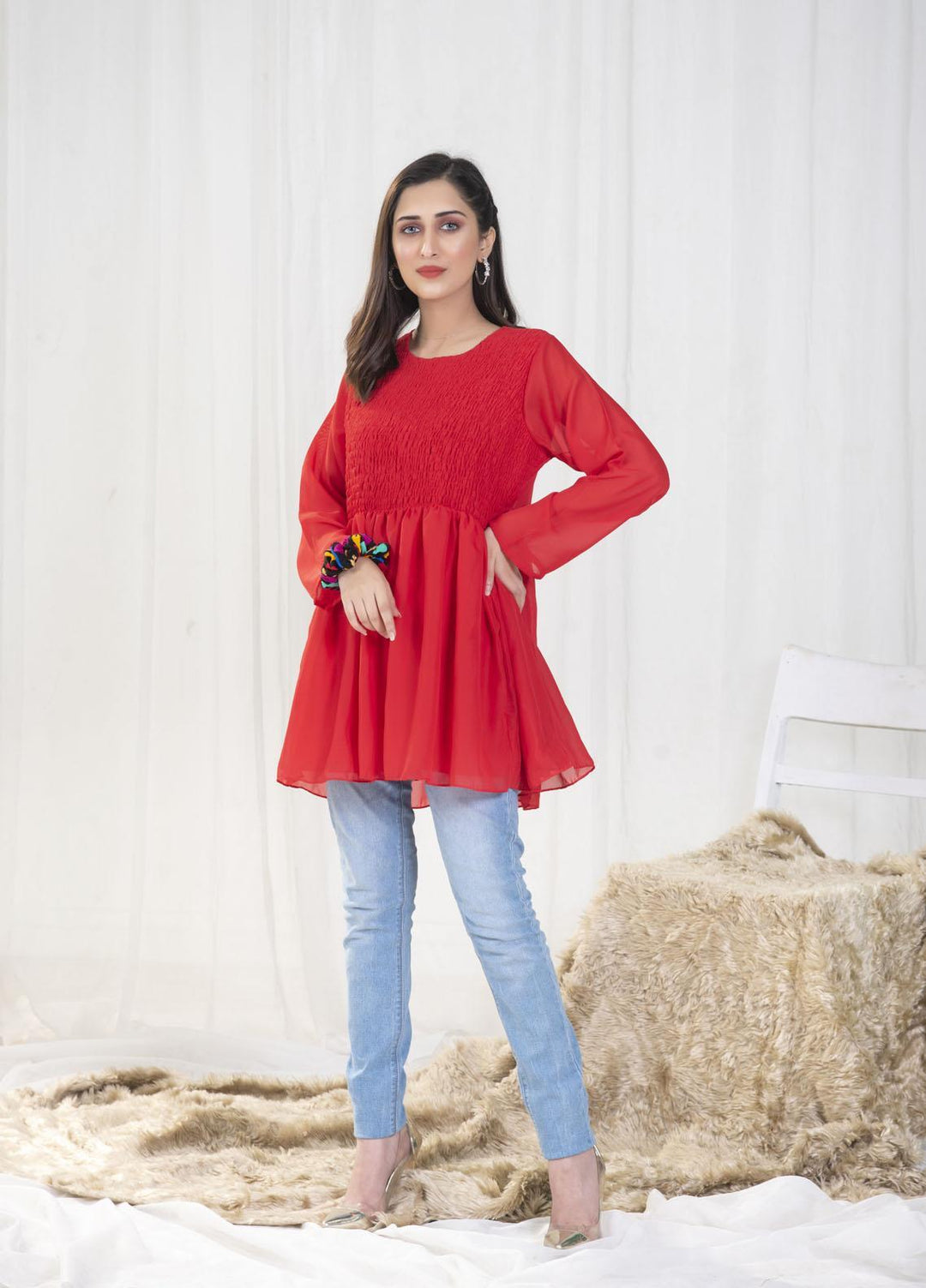 Nazmina Pret Casual Chiffon Top NZ23SSP AB-60 Red Smock Top