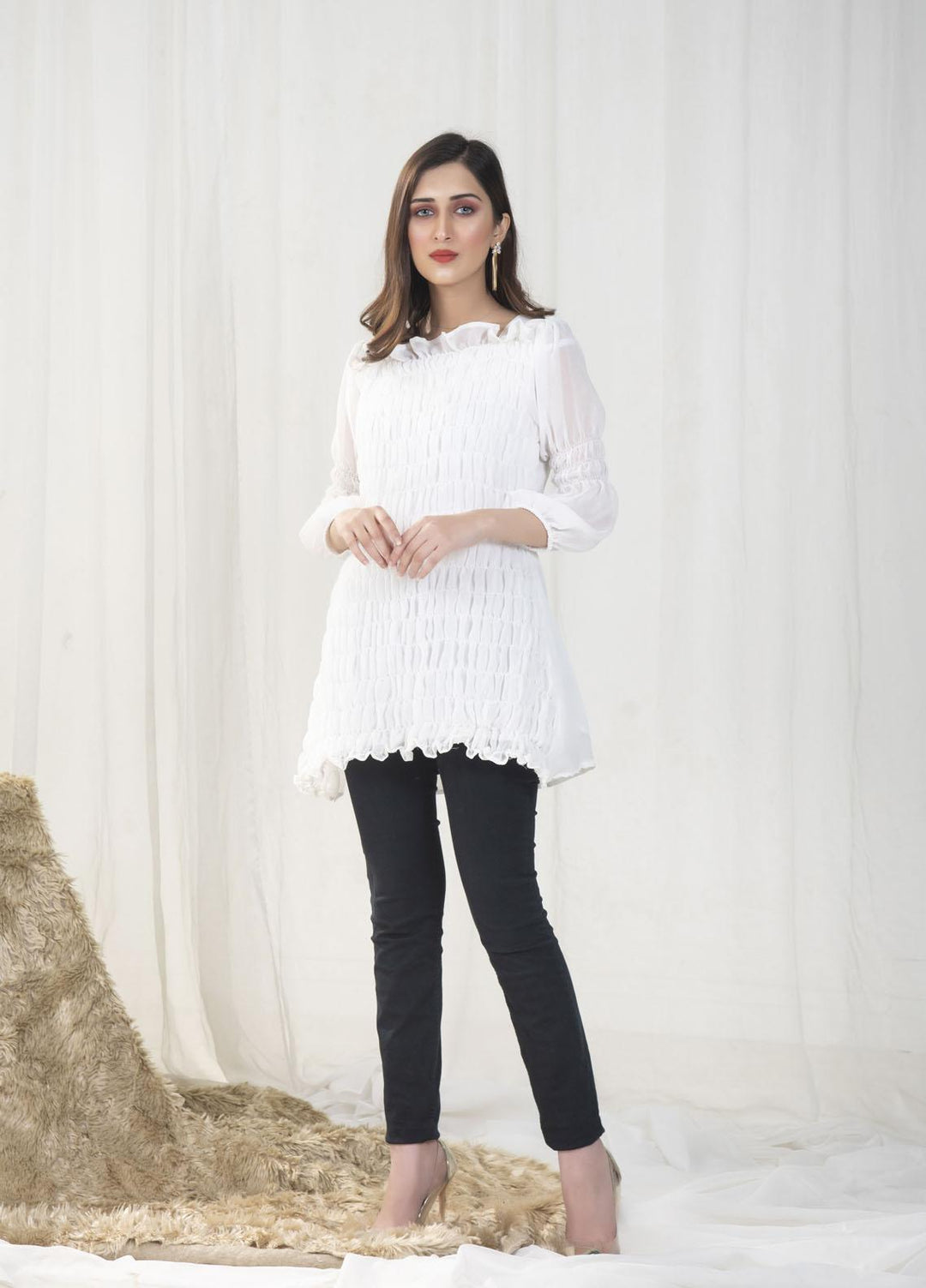 Nazmina Pret Casual Chiffon Top NZ23SSP AB-61 White Smock
