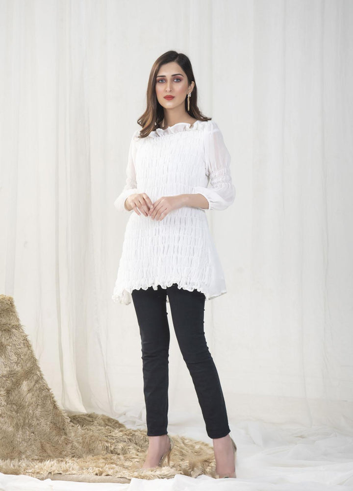 Nazmina Pret Casual Chiffon Top NZ23SSP AB-61 White Smock