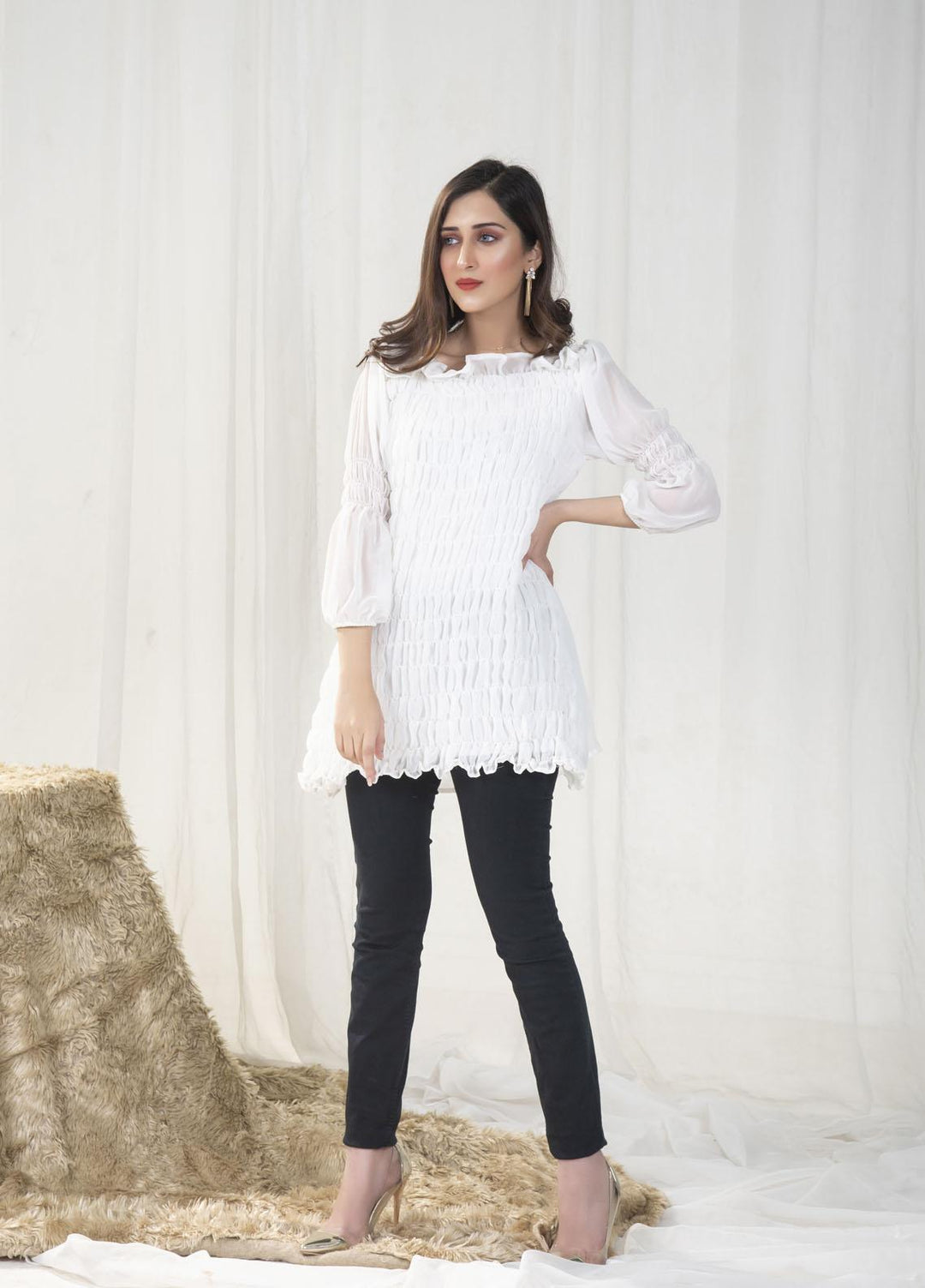 Nazmina Pret Casual Chiffon Top NZ23SSP AB-61 White Smock