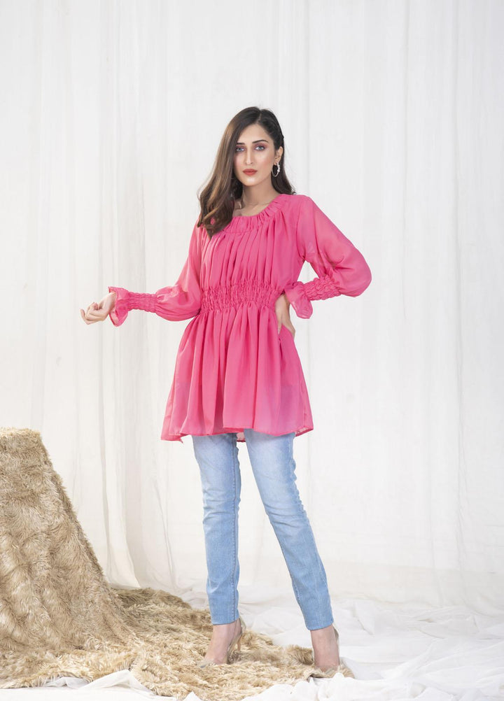 Nazmina Pret Casual Chiffon Top NZ23SSP AB-64 Shocking Pink Smock Top