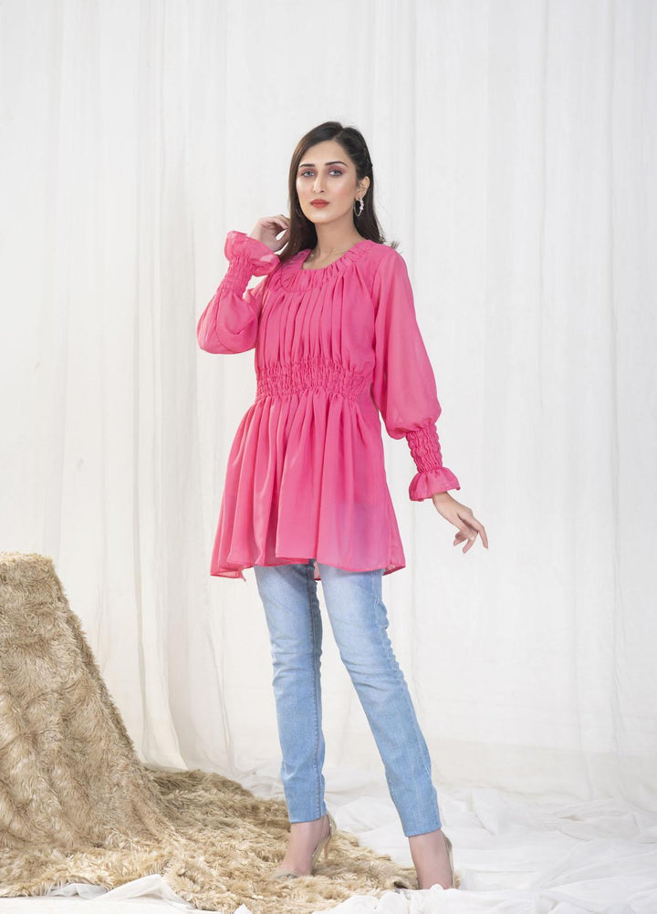 Nazmina Pret Casual Chiffon Top NZ23SSP AB-64 Shocking Pink Smock Top