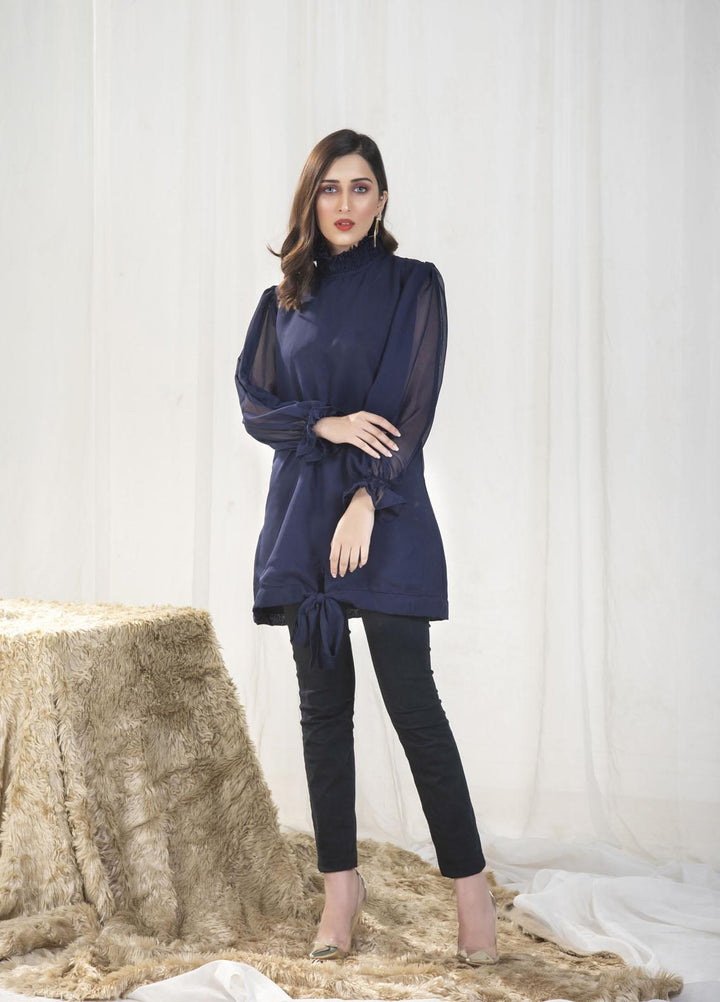 Nazmina Pret Casual Chiffon Top NZ23SSP AB-65 Dark Blue Smock Collar Top