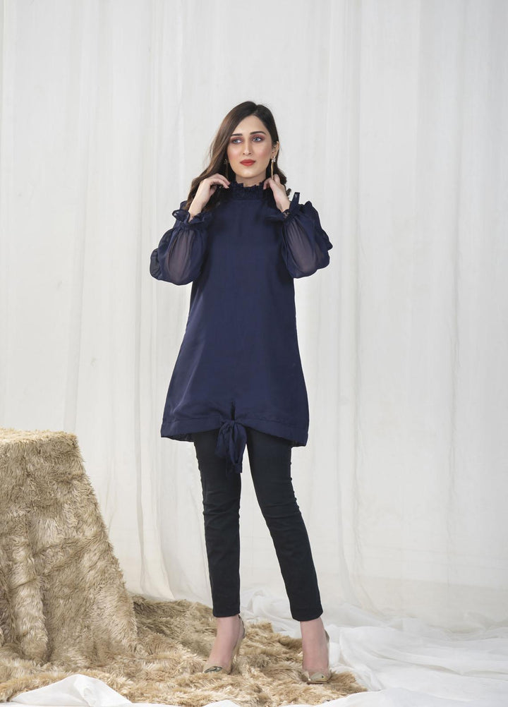 Nazmina Pret Casual Chiffon Top NZ23SSP AB-65 Dark Blue Smock Collar Top
