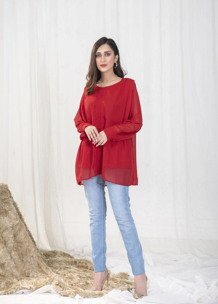 Nazmina Pret Casual Chiffon Top NZ23SSP AB-68 Red Pletes Top