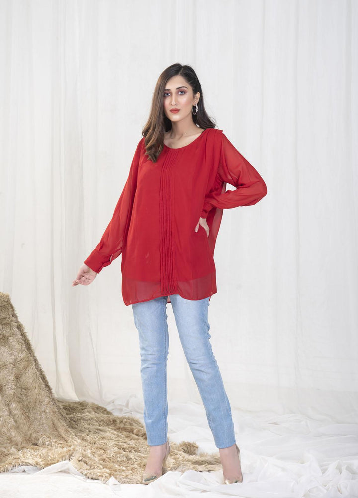 Nazmina Pret Casual Chiffon Top NZ23SSP AB-68 Red Pletes Top