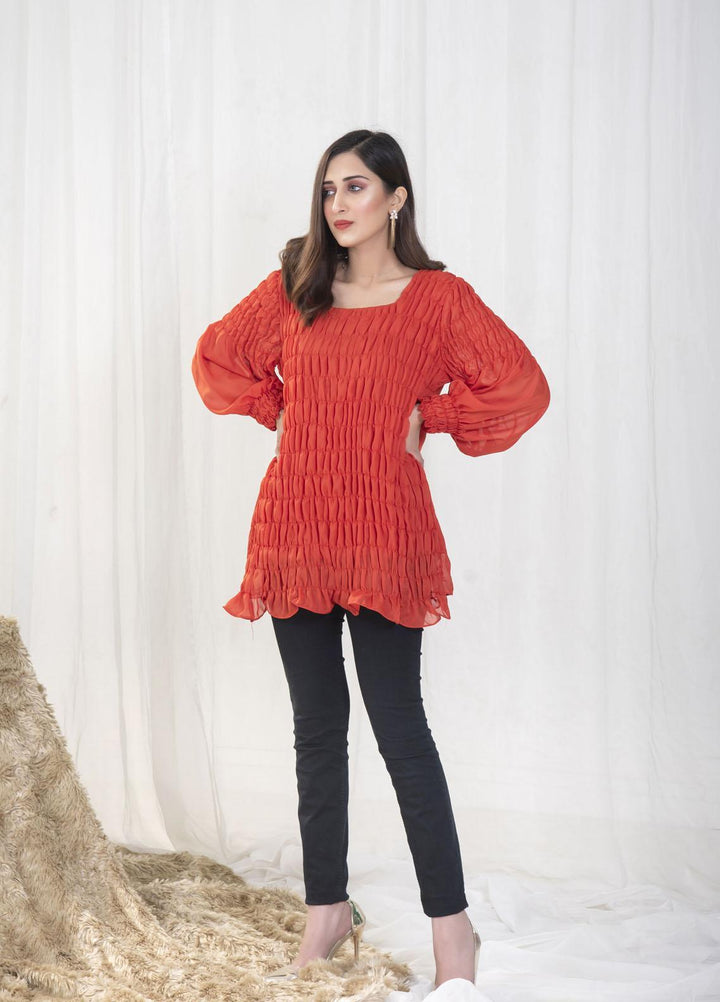 Nazmina Pret Casual Chiffon Top NZ23SSP AB-71 Orange Front Plates Top