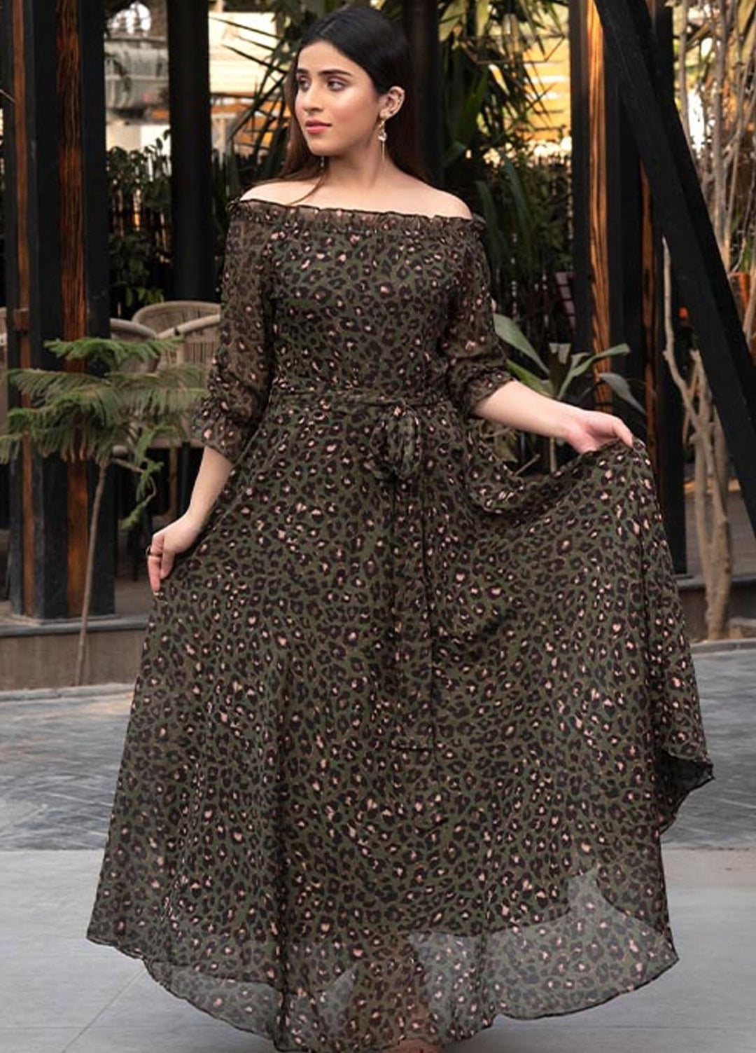 Nazmina Pret  Chiffon Western Dress NZ23TSN COAL LEAPORD FR-578