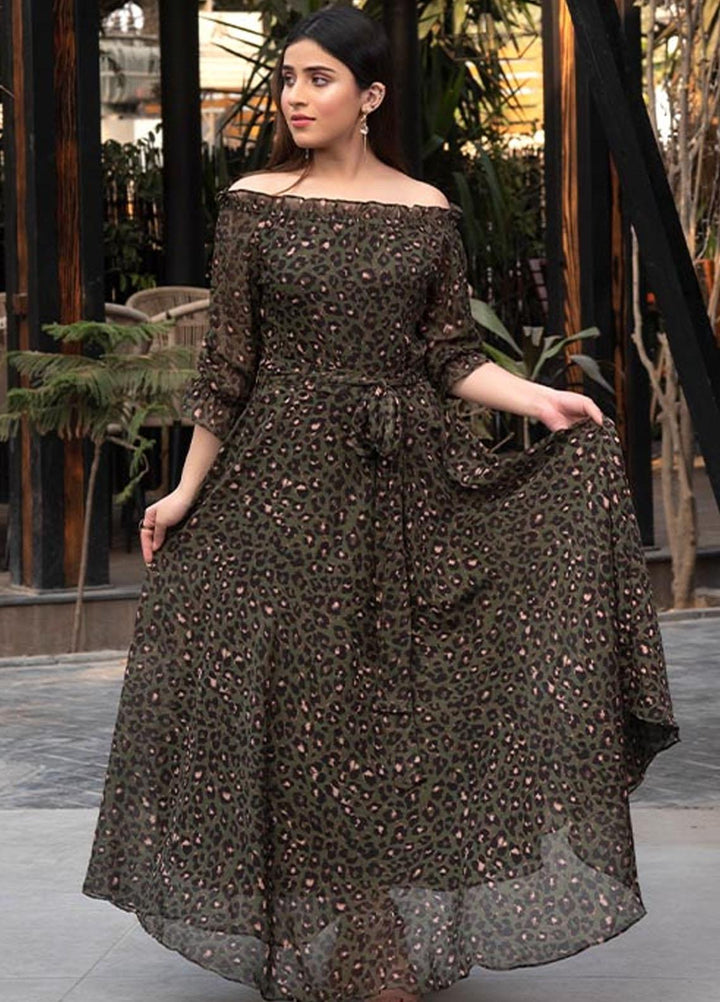 Nazmina Pret  Chiffon Western Dress NZ23TSN COAL LEAPORD FR-578