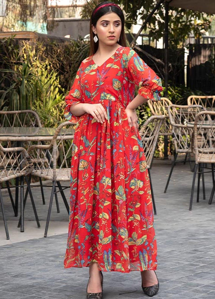 Nazmina Pret  Chiffon Western Dress NZ23TSN SCARLET PARROT FR-577