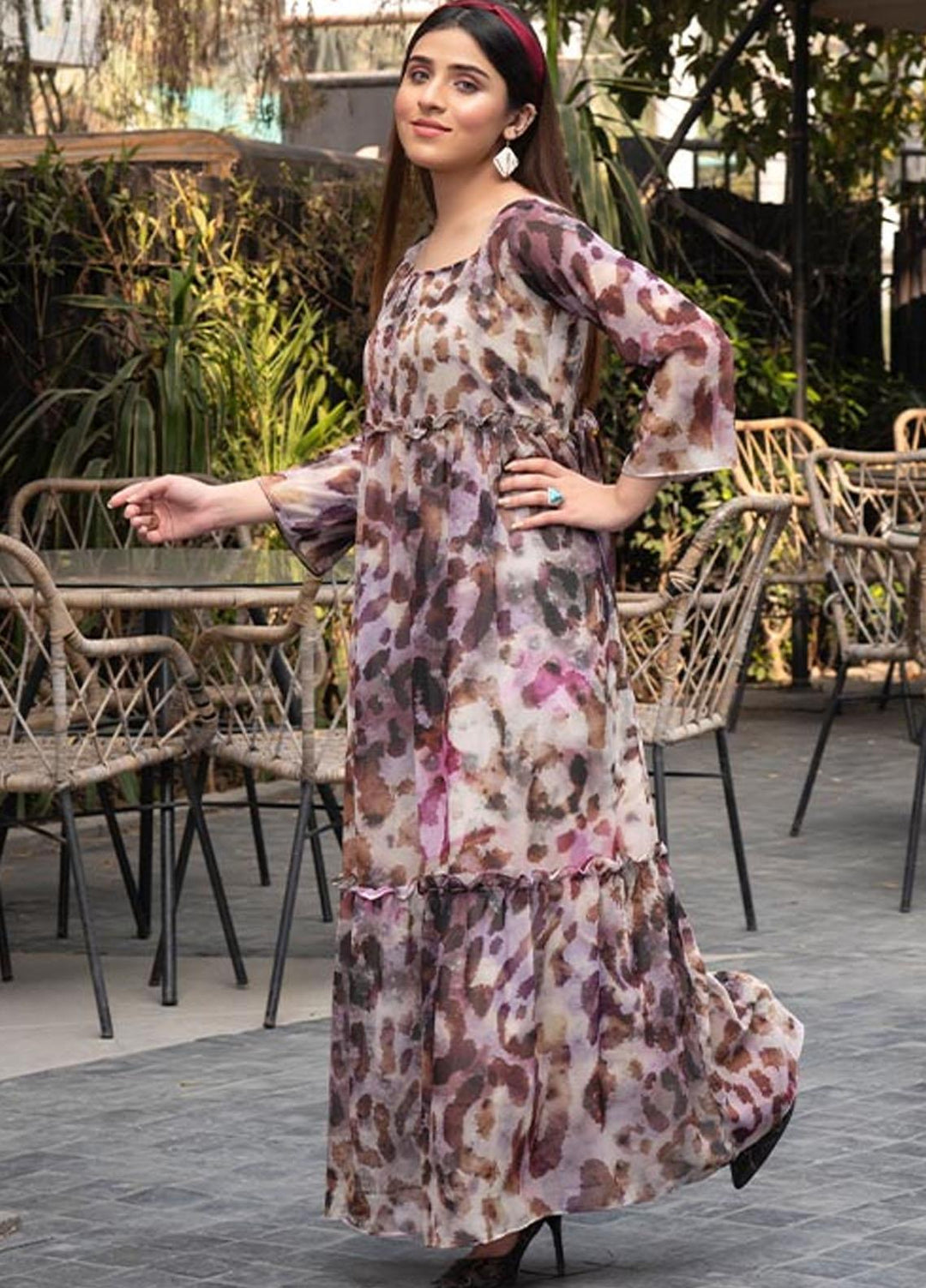 Nazmina Pret  Chiffon Western Dress NZ23TSN MAROON SPLASH FR-582