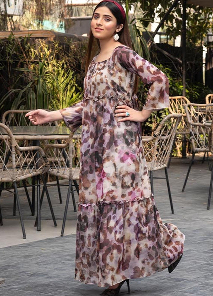 Nazmina Pret  Chiffon Western Dress NZ23TSN MAROON SPLASH FR-582