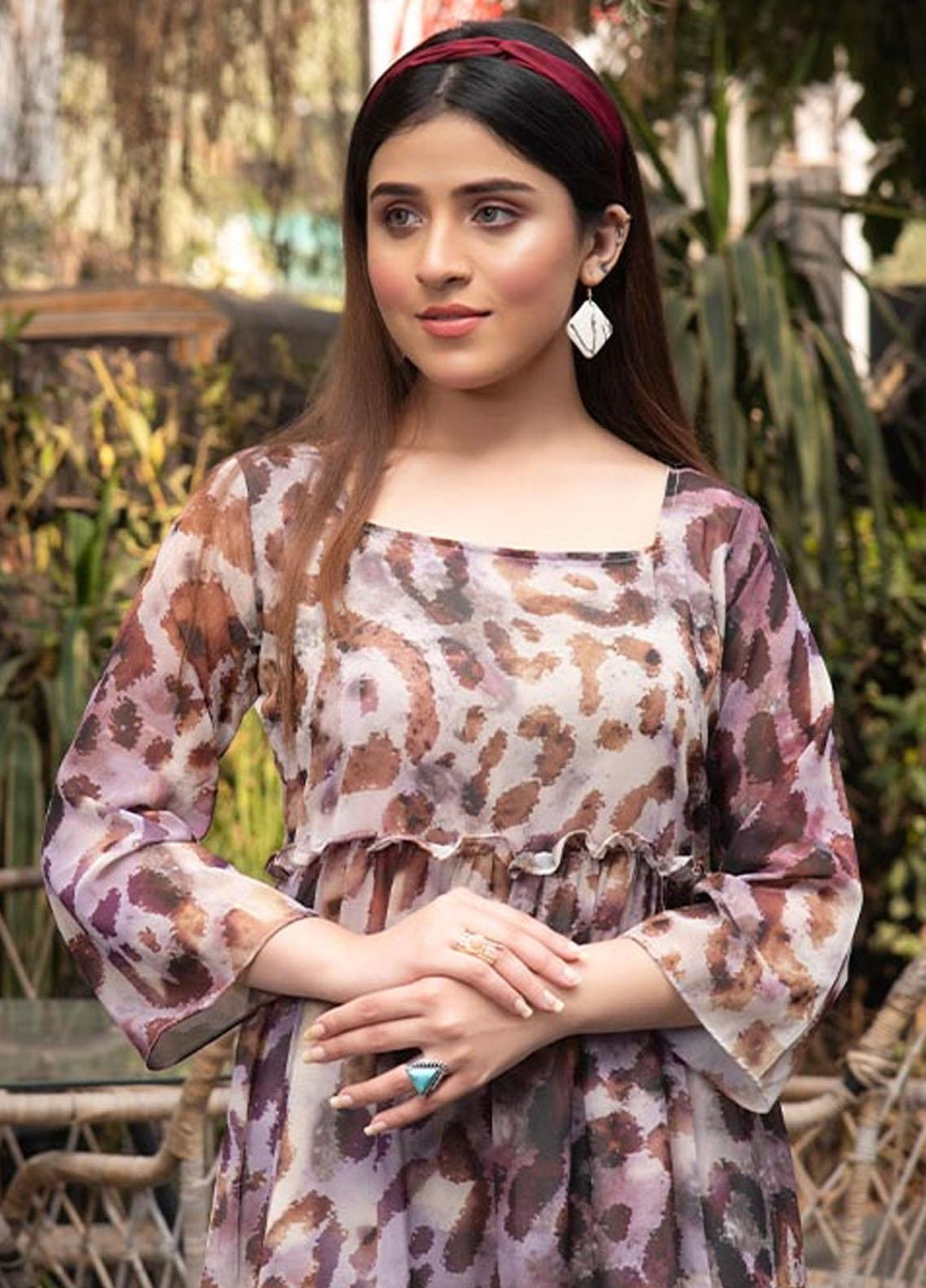 Nazmina Pret  Chiffon Western Dress NZ23TSN MAROON SPLASH FR-582