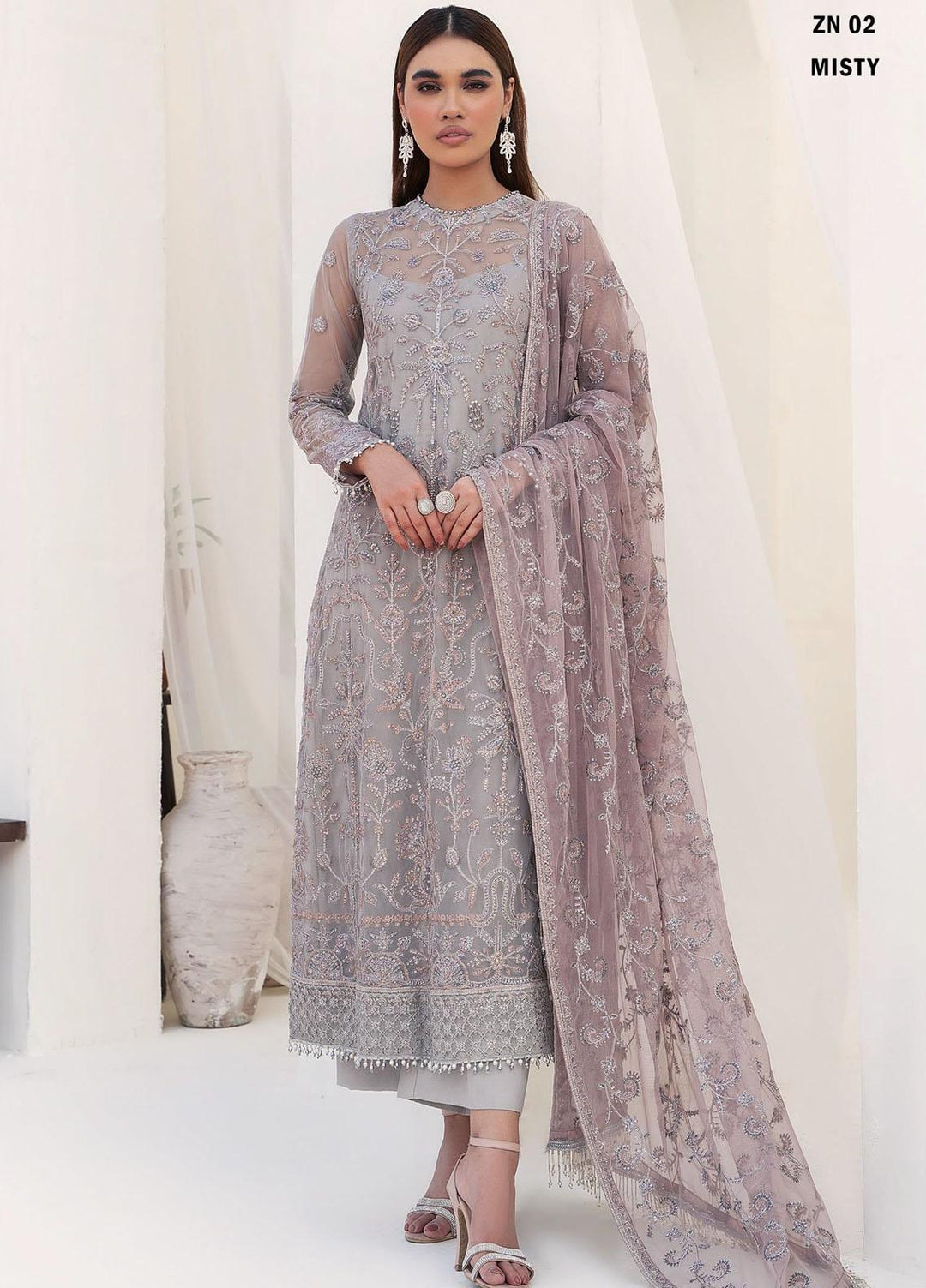 Nazneen By Zarif Embroidered Net Suits Unstitched 3 Piece ZR25UF ZN 02 Misty - Luxury Formal Collection