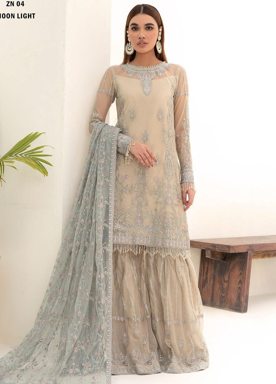 Nazneen By Zarif Embroidered Net Suits Unstitched 4 Piece ZR25UF ZN 04 Moon Light - Luxury Formal Collection
