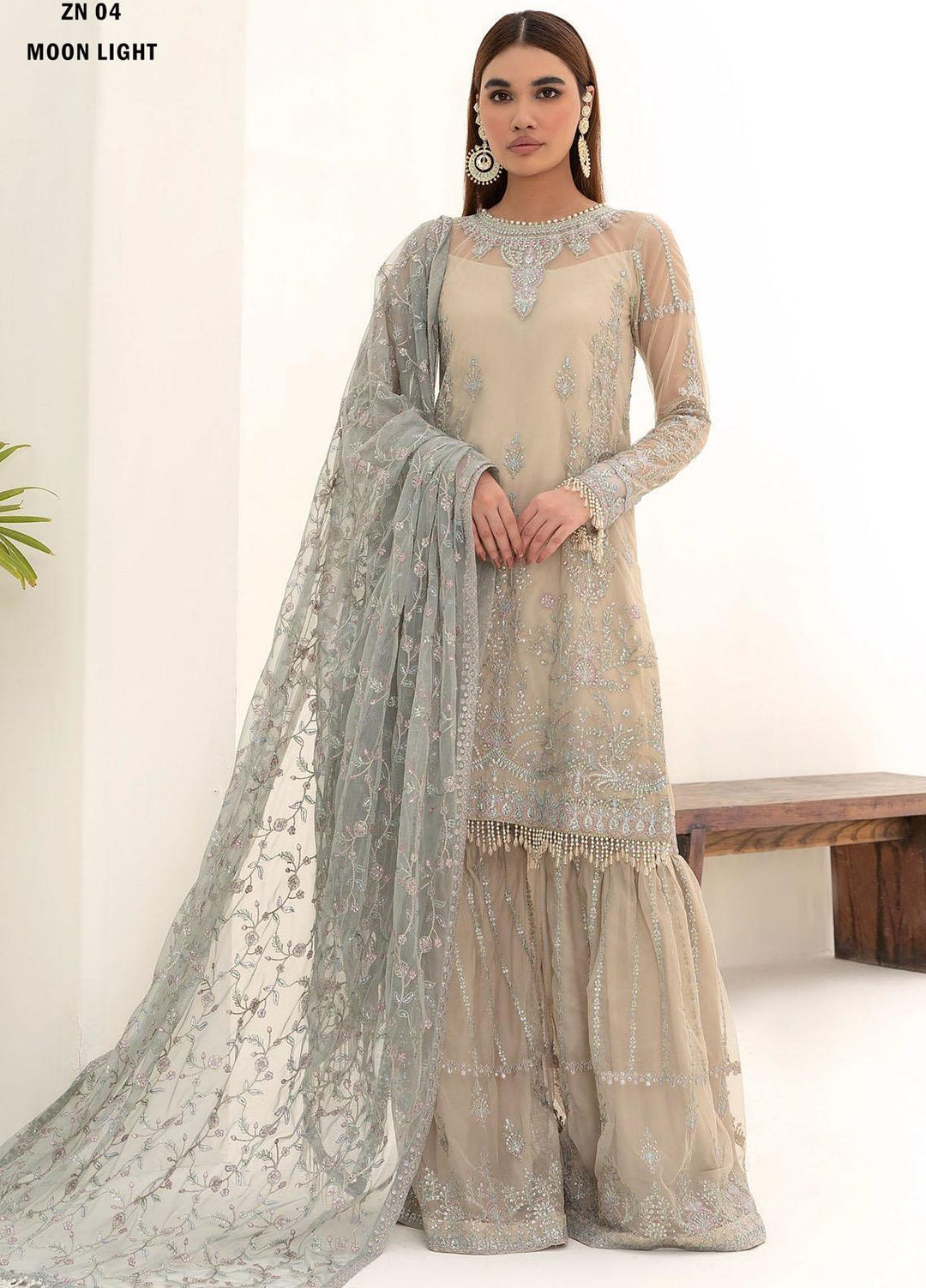 Nazneen By Zarif Embroidered Net Suits Unstitched 4 Piece ZR25UF ZN 04 Moon Light - Luxury Formal Collection