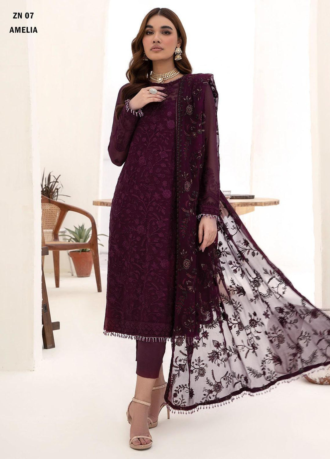 Nazneen By Zarif Embroidered Chiffon Suits Unstitched 3 Piece ZR25UF ZN 07 Amelia - Luxury Formal Collection