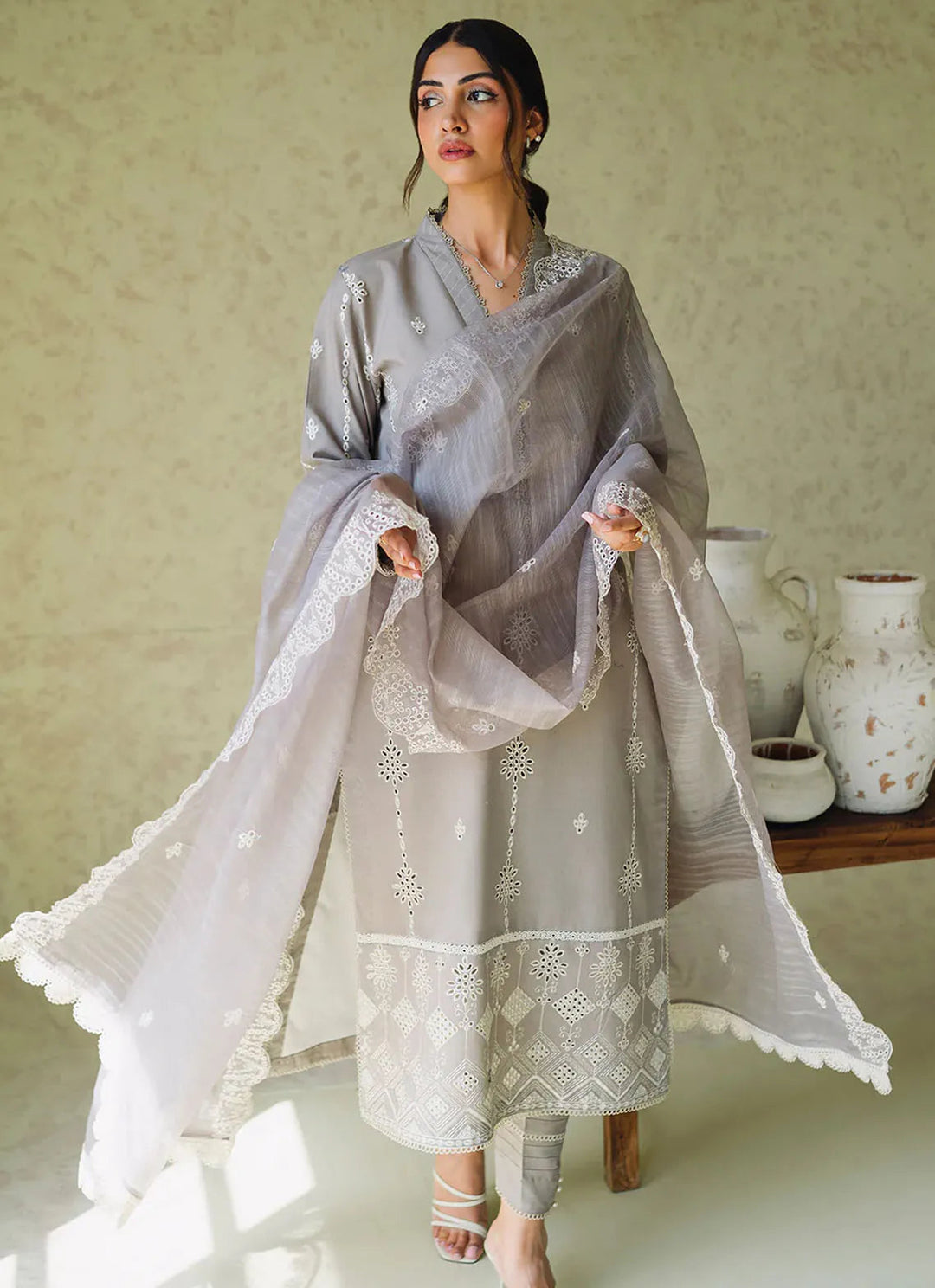 Neeshay Monochrome Embroidered Lawn Suit Unstitched 3 Piece NSH24M Ash - Summer Collection