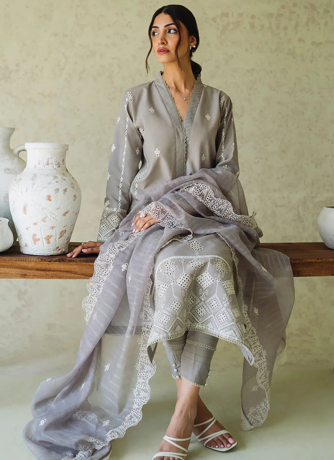 Neeshay Monochrome Embroidered Lawn Suit Unstitched 3 Piece NSH24M Ash - Summer Collection