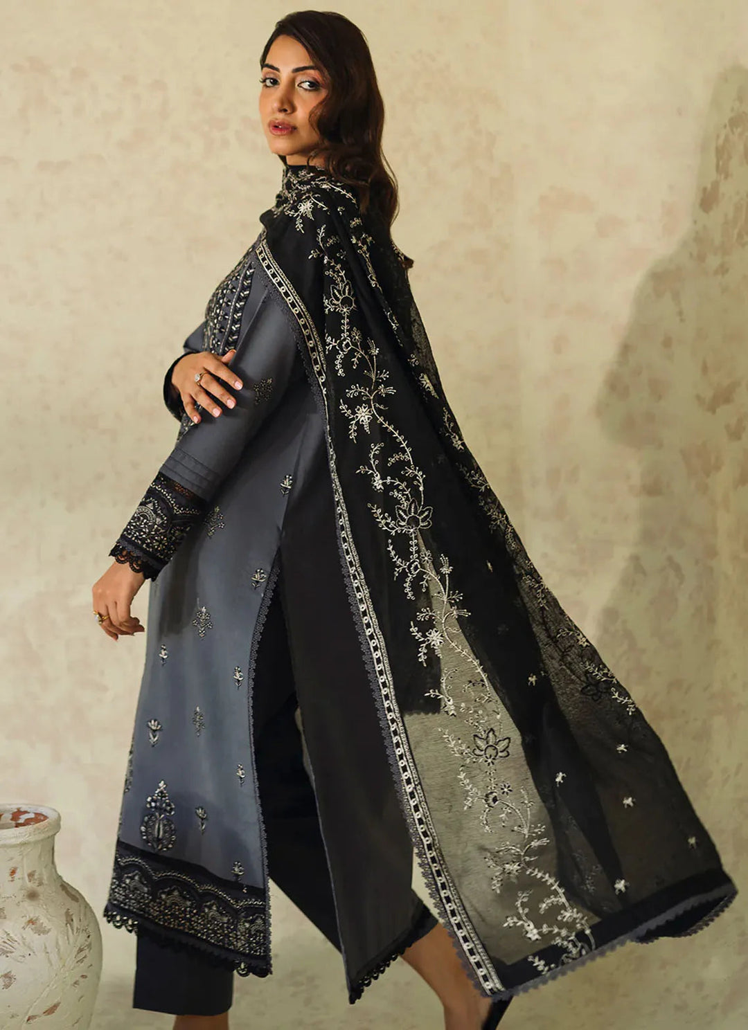 Neeshay Monochrome Embroidered Lawn Suit Unstitched 3 Piece NSH24M Fume - Summer Collection