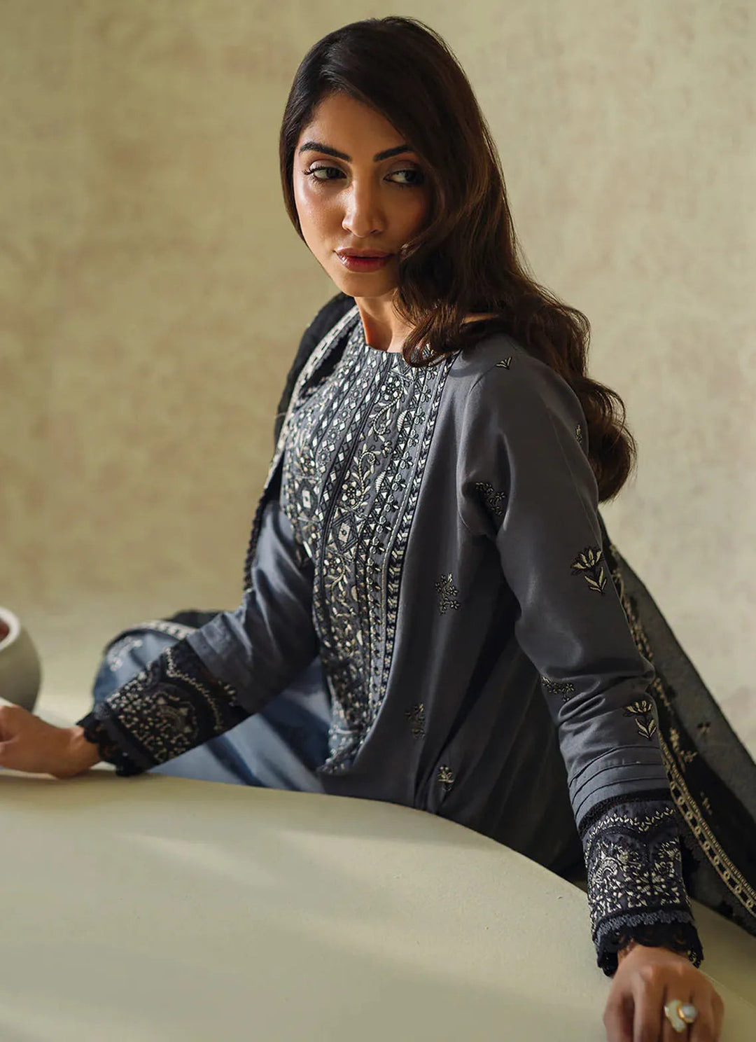 Neeshay Monochrome Embroidered Lawn Suit Unstitched 3 Piece NSH24M Fume - Summer Collection