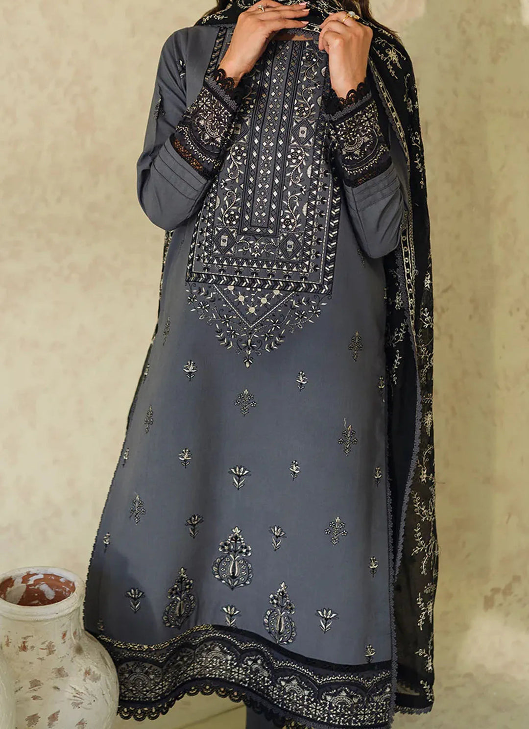 Neeshay Monochrome Embroidered Lawn Suit Unstitched 3 Piece NSH24M Fume - Summer Collection