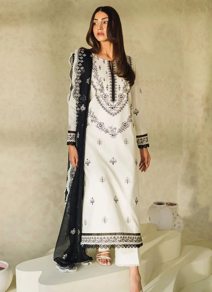Neeshay Monochrome Embroidered Lawn Suit Unstitched 3 Piece NSH24M Ivory - Summer Collection