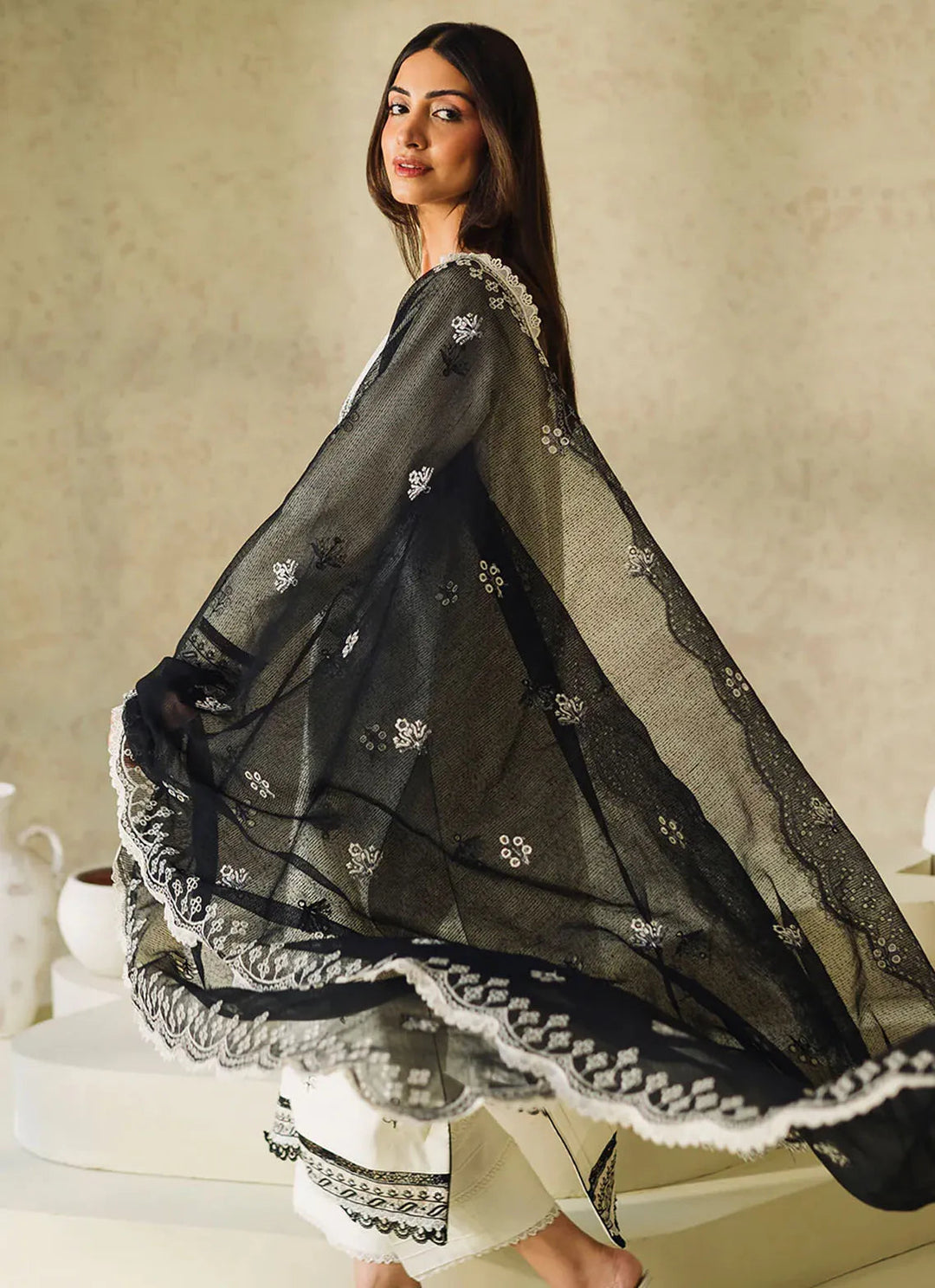 Neeshay Monochrome Embroidered Lawn Suit Unstitched 3 Piece NSH24M Ivory - Summer Collection