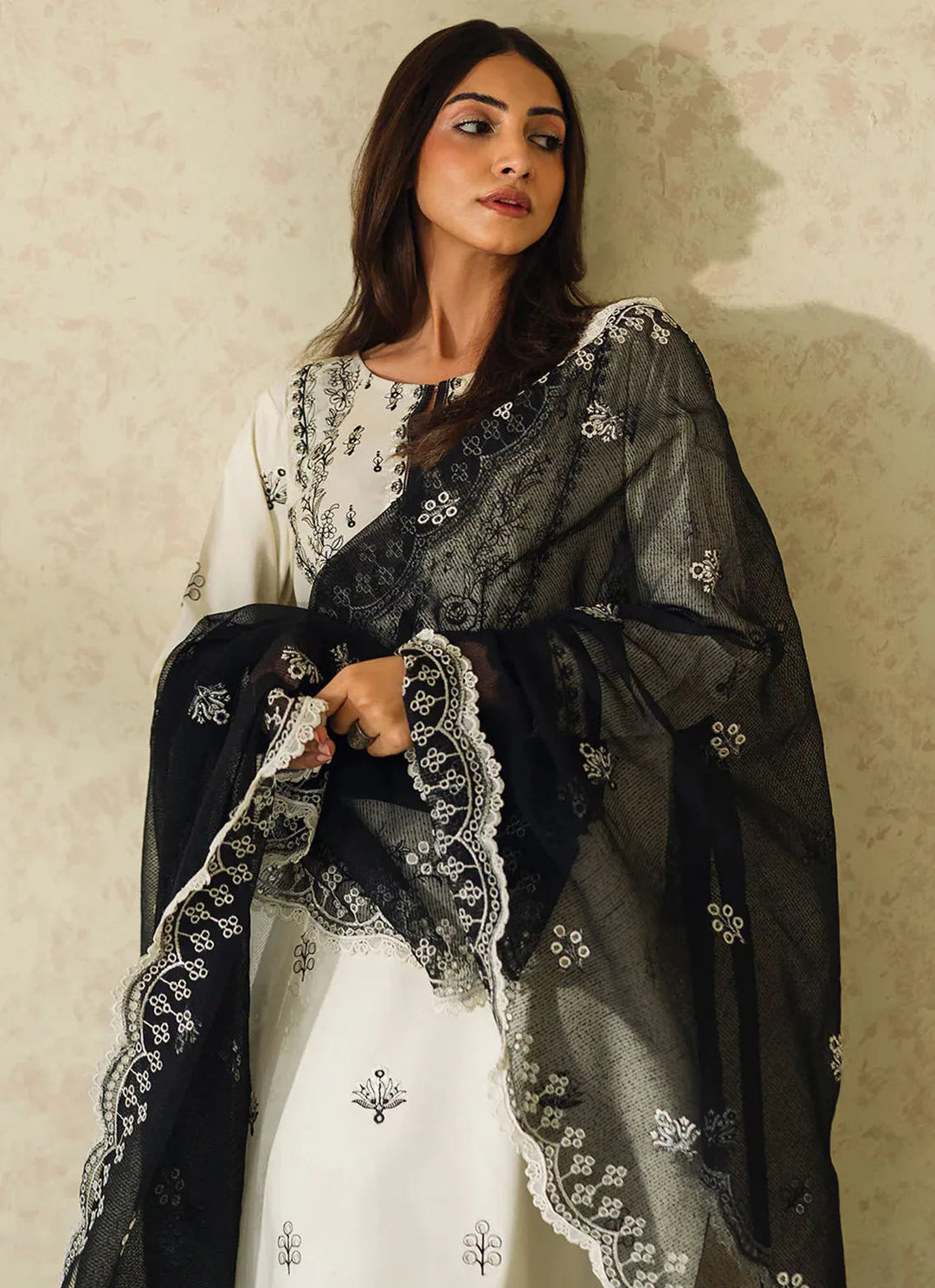 Neeshay Monochrome Embroidered Lawn Suit Unstitched 3 Piece NSH24M Ivory - Summer Collection