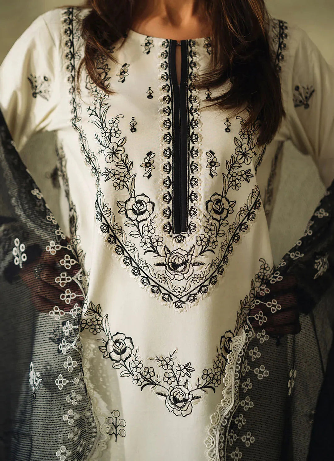 Neeshay Monochrome Embroidered Lawn Suit Unstitched 3 Piece NSH24M Ivory - Summer Collection