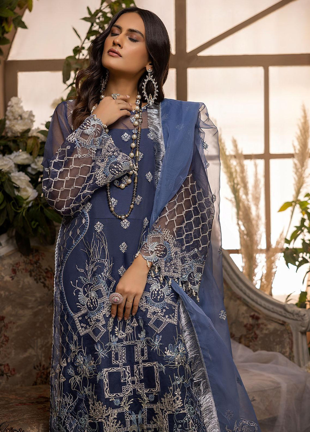 Nikhaar by Awwal Embroidered Organza Suits Unstitched 4 Piece AW22N D-06 Oynx - Formal Collection