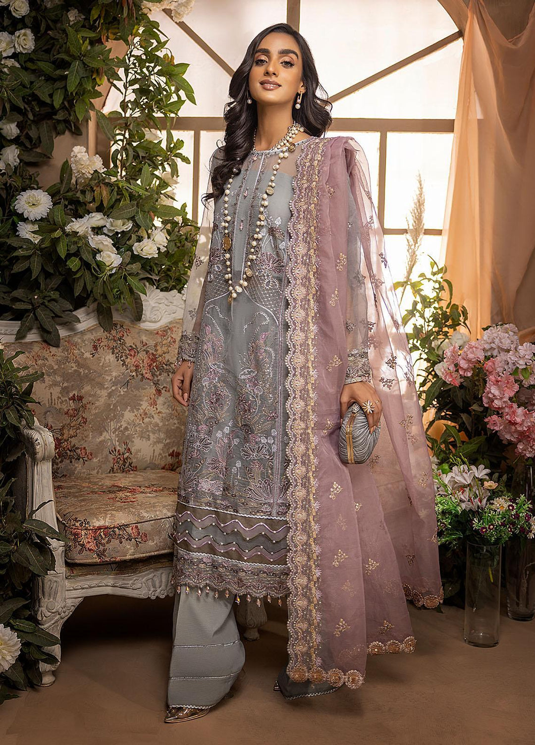 Nikhaar by Awwal Embroidered Organza Suits Unstitched 4 Piece AW22N D-08 Moonstone - Formal Collection