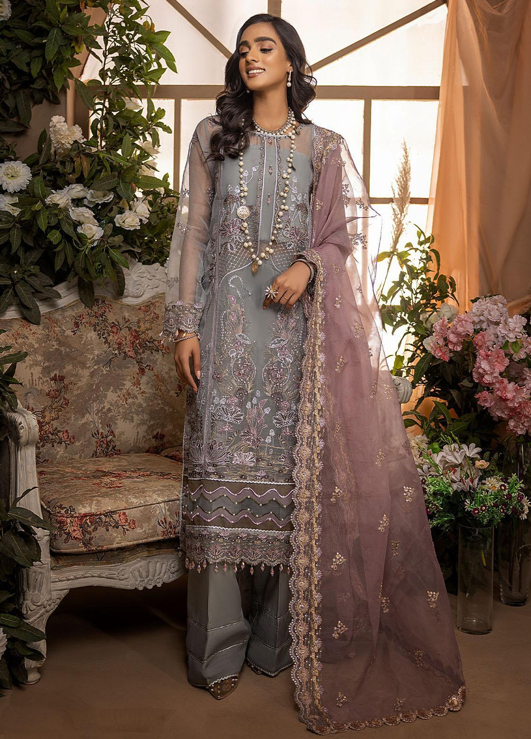 Nikhaar by Awwal Embroidered Organza Suits Unstitched 4 Piece AW22N D-08 Moonstone - Formal Collection