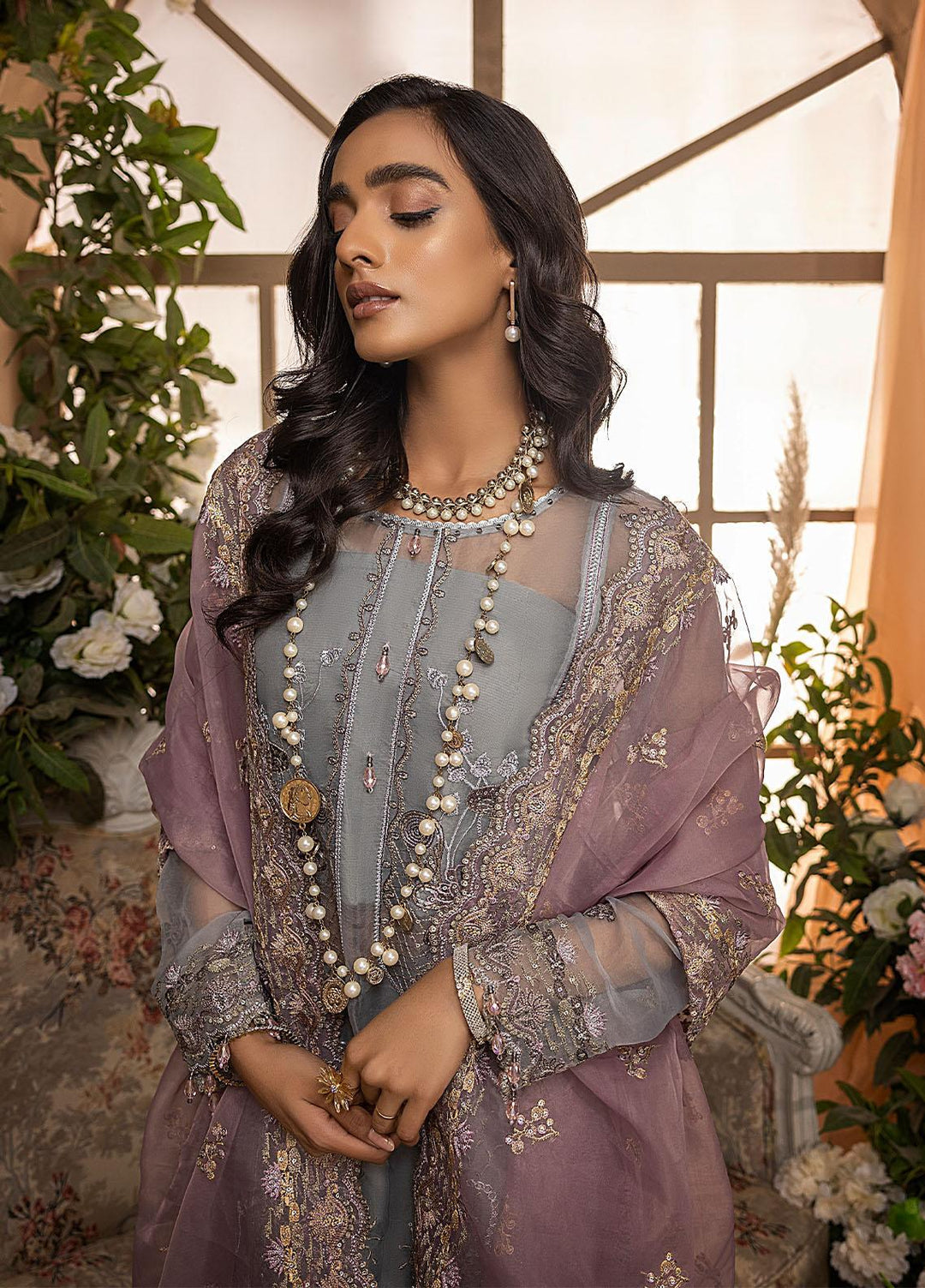Nikhaar by Awwal Embroidered Organza Suits Unstitched 4 Piece AW22N D-08 Moonstone - Formal Collection