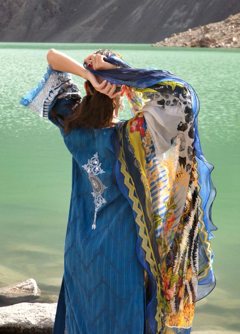 Nisa Hussain Embroidered Lawn Suits Unstitched 3 Piece NSH21L 03 BALEINE BLUE - Luxury Collection