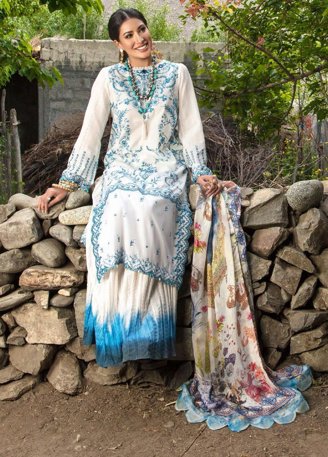 Nisa Hussain Embroidered Lawn Suits Unstitched 3 Piece NSH21L 09 PORCELAIN - Luxury Collection