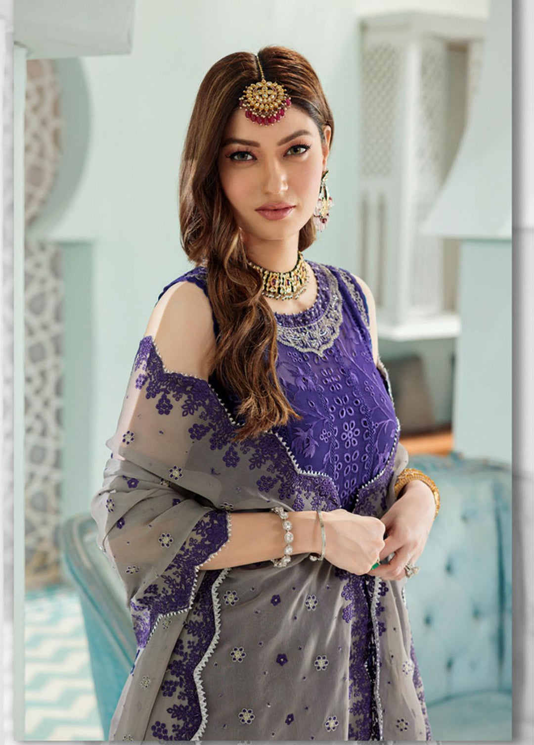 Noor By Saadia Asad Embroidered Chiffon Suits Unstitched 3 Piece NSA22C D4 - Luxury Collection