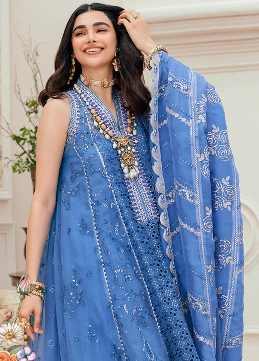 Noor By Saadia Asad Embroidered Chiffon Suits Unstitched 3 Piece NSA22C D7 - Luxury Collection