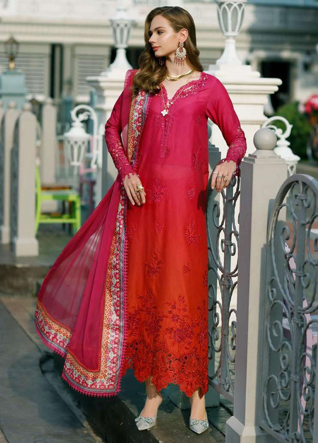 Noor By Saadia Asad Embroidered Lawn Suits Unstitched 3 Piece NSA23ESL D4 Rosa - Eid Collection