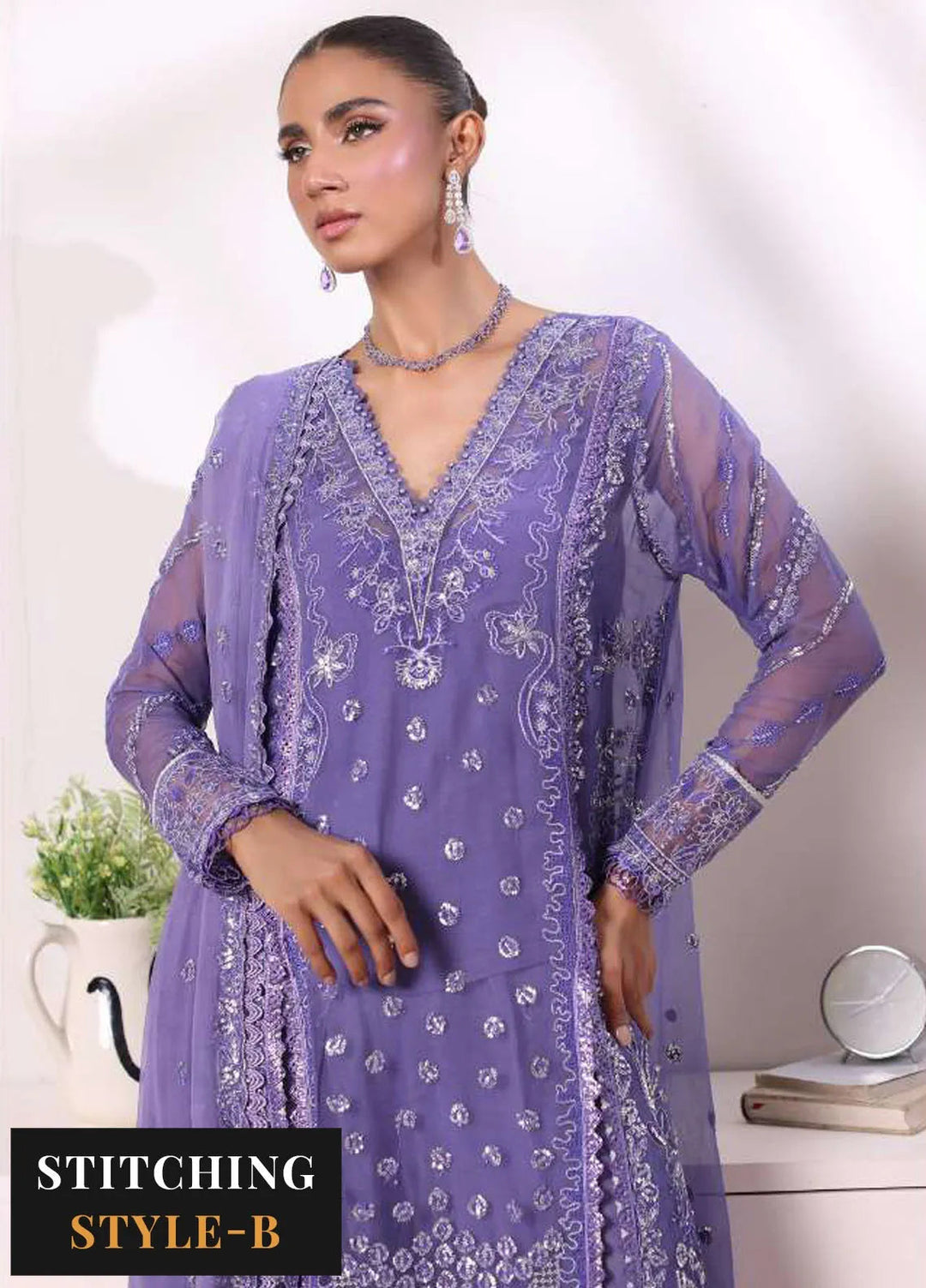 Noor By Saadia Asad Embroidered Chiffon Suit Unstitched 3 Piece NSA24CL D-02 Indira - Formal Collection