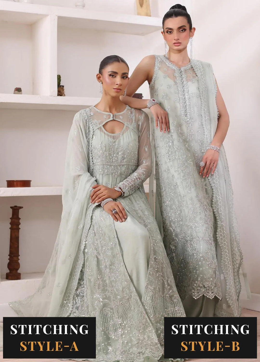 Noor By Saadia Asad Embroidered Chiffon Suit Unstitched 3 Piece NSA24CL D-08 Sage - Formal Collection